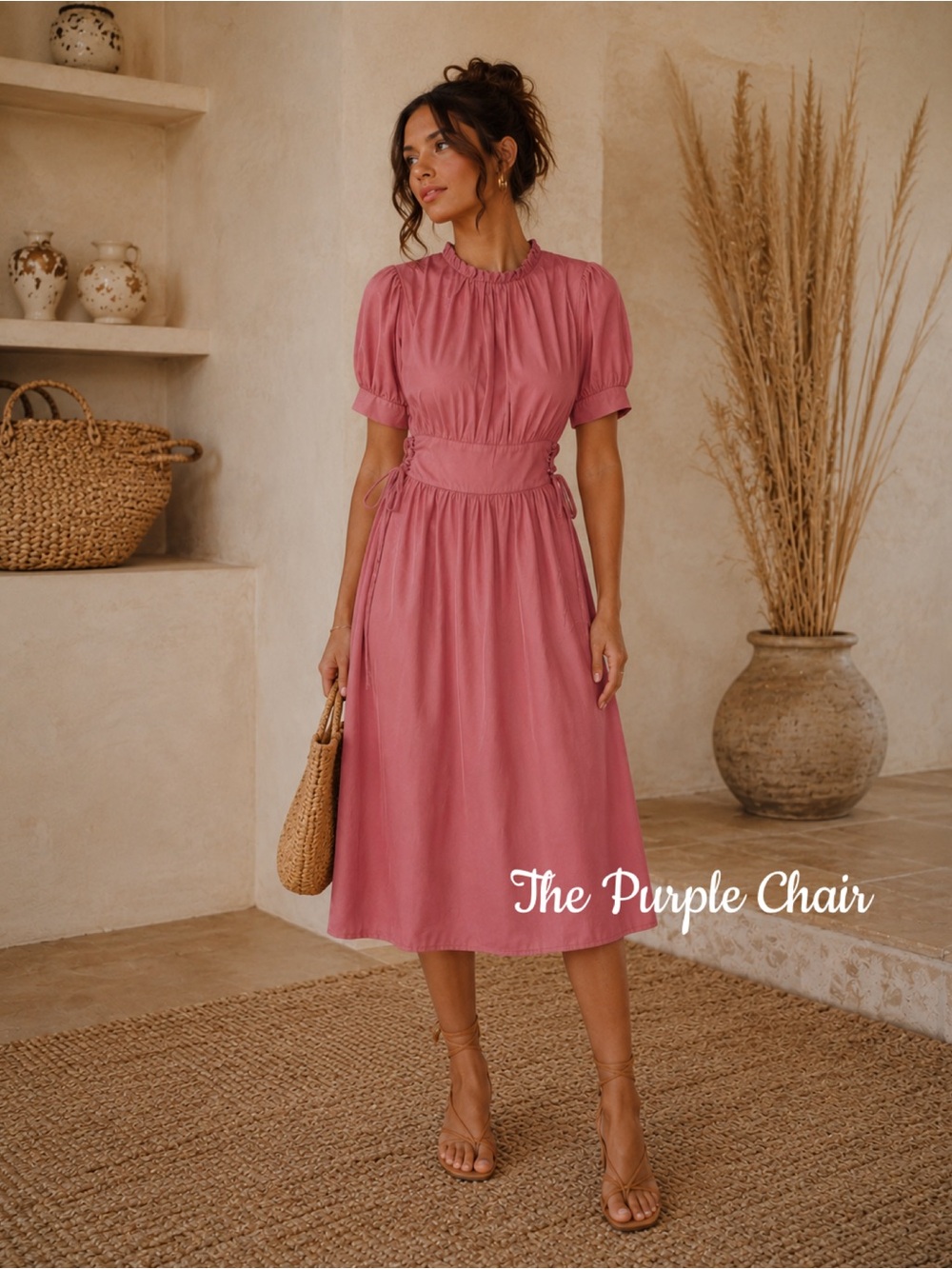 NWT Pink Short Puff Sleeve Side Tie A-Line Midi Dress XL
